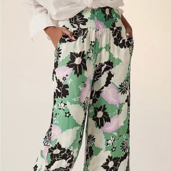 ANTHRO Maeve The Saria Smocked Tropical Floral Wide-Leg Pants Lavender/Green M - Picture 4 of 14